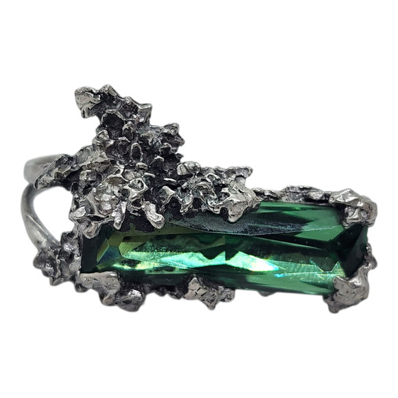 Alchemy Carta Brutalist Pewter Ring Green Rectangle Stone Split Shank Sz 10.5